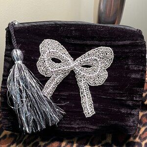 NEW Black Velvet with Bling Beaded Bow Cosmetic Pouch/Bag